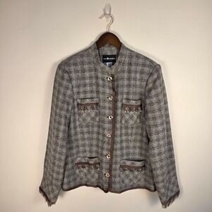 Sag Harbor Tweed Blazer Women Size 12 Brown Blue Plaid Fringe Trim Jacket